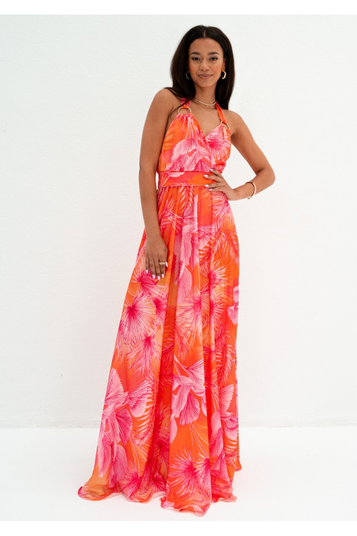 Callina - Orange leaves printed maxi dress