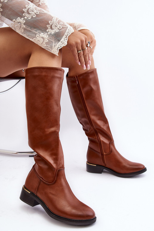 Flat long brown boots hotsell