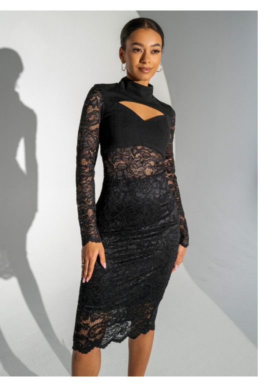 Suzane - MIDI black dress decorated with lace