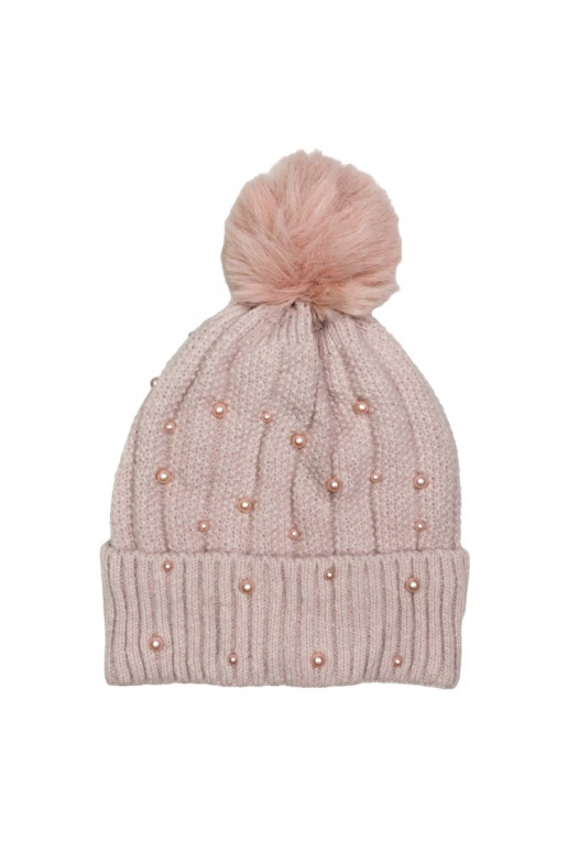 Knitted winter hat with pearls pink CZ36WZ1