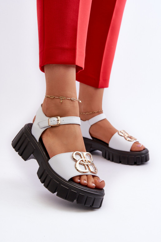 White Women's Leather Sandals with Gold Decoration Vinceza 7910