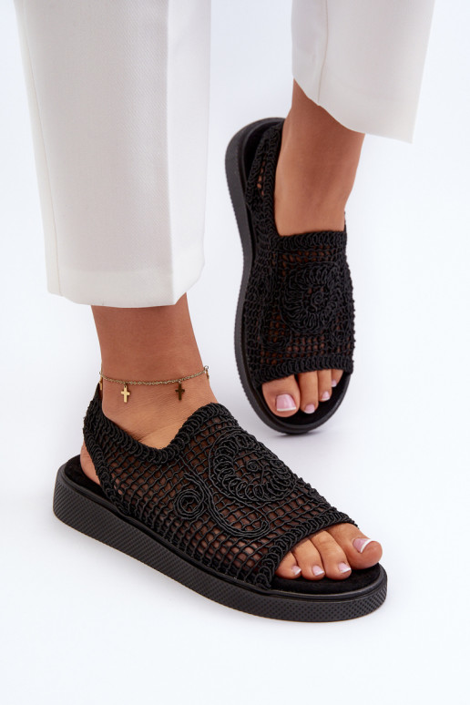 Women's Flat Sandals Adorned with Black Flowers Abidina
