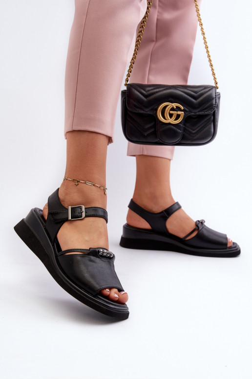 Black Women's Leather Wedge Sandals Vinceza 66624