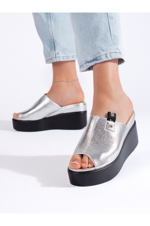 silver color slippers  