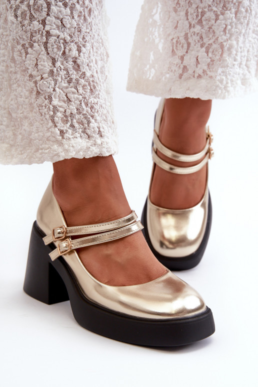 Faux Leather Pumps on Chunky Heel Gold Halmina