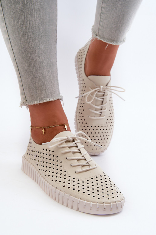 Leather Women's Sneakers with Lacy Pattern Beige Ilvima