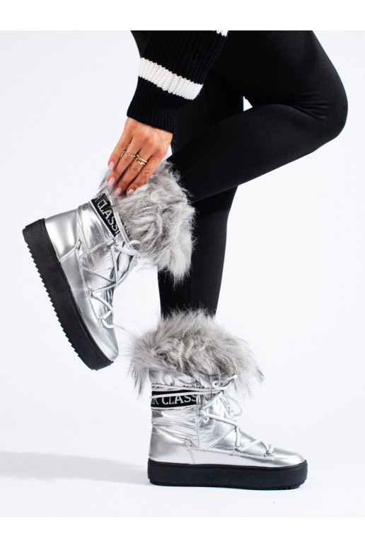 silver color Women's snow boots with fur