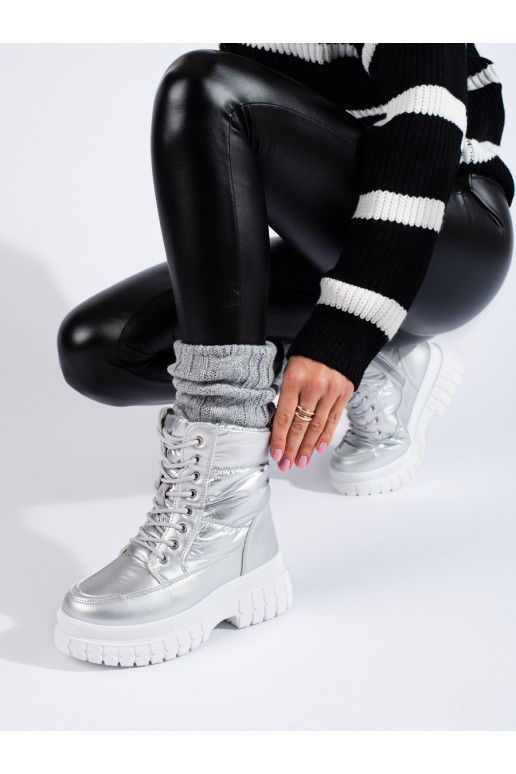 silver color Women's snow boots with lacing