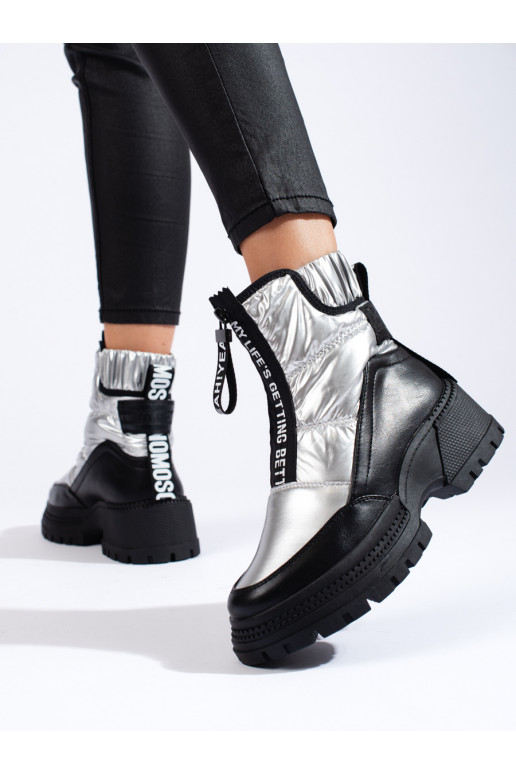 silver color Women's snow boots with platform