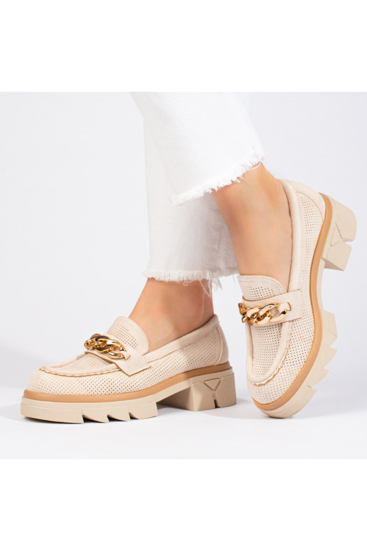 of suede Women's moccasins with chain light beige