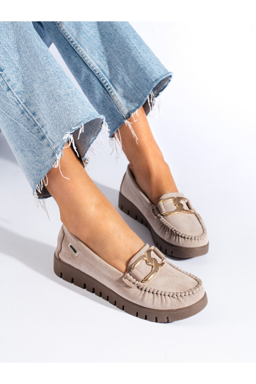 beige women's moccasins of suede