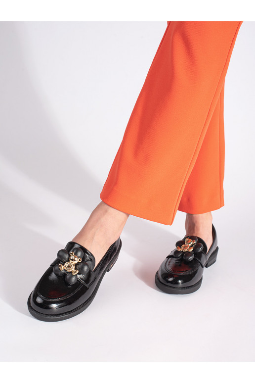 black lacquered women's moccasins with teddy bears