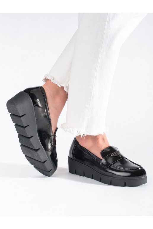 black lacquered women's moccasins on a thick sole