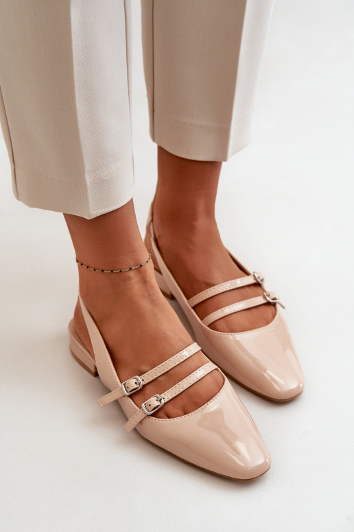 Lacquered Ballet Flats With Straps On Low Heel Beige Bialettia