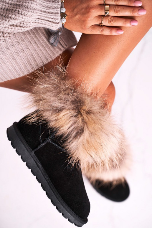 Women's Leather Snow Boots With Eko Fur Black Alexa