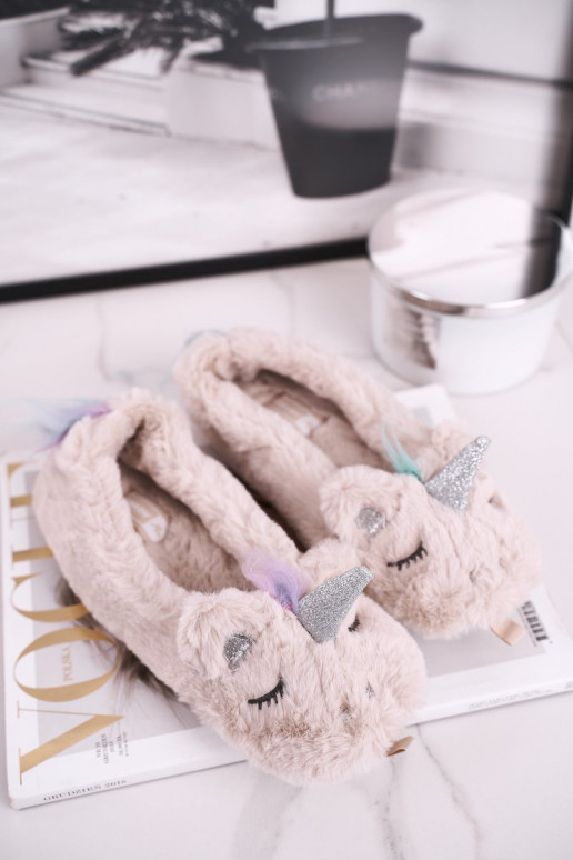 Women's Slippers With Fur Unicorn Beige Rainbow