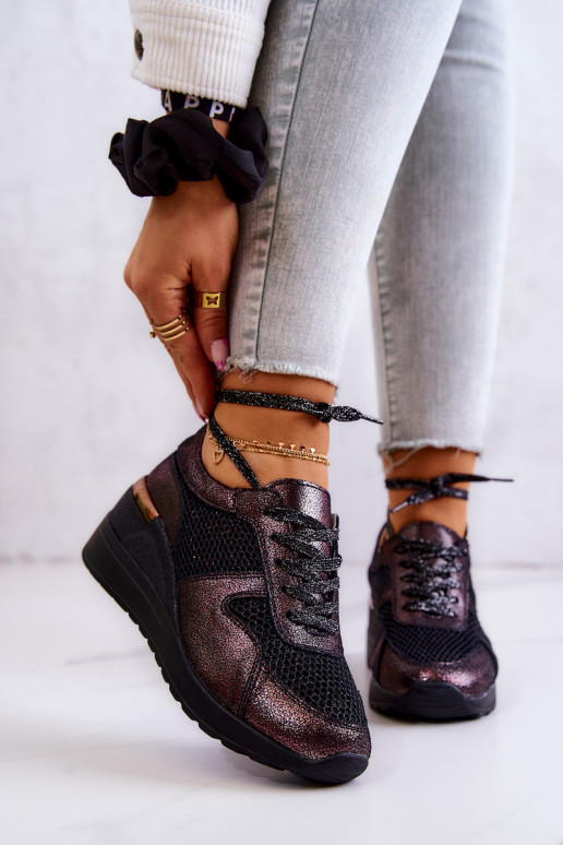 Leather Mesh Wedge Sneakers S.Barski Black