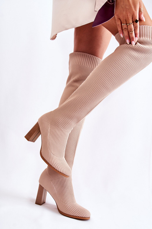 Striped Classic Boots On Heel Beige Laossi