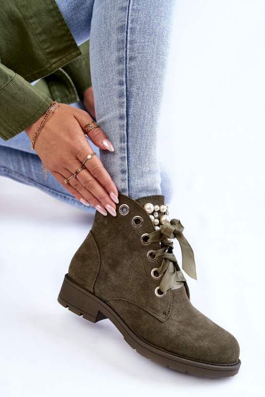 Suede insulated boots with a zipper with pearls Green Raiso