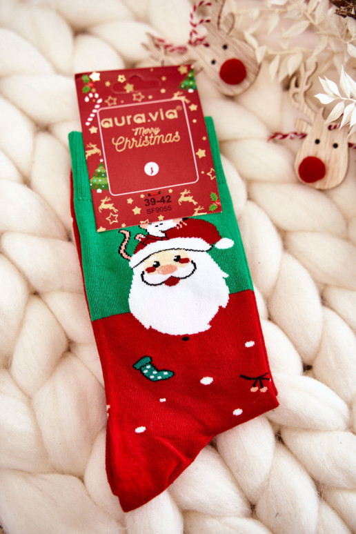 Men's Christmas Cotton Socks With Santa Clauses Green And Red