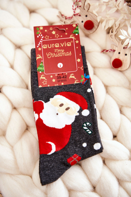 cotton Christmas socks with Santa in gray color