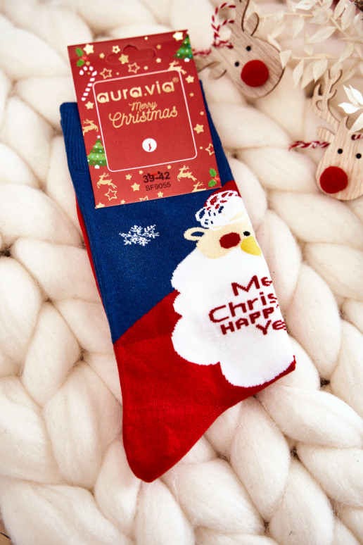 cotton Christmas socks with Santa in blue-red colors