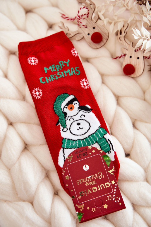 Children's Socks "Merry Christmas" Polar Bear Red