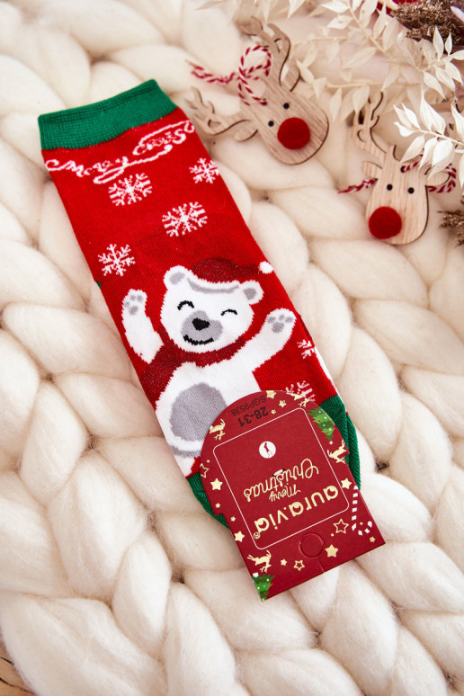 Children's Socks "Merry Christmas" Cheerful Bear Red