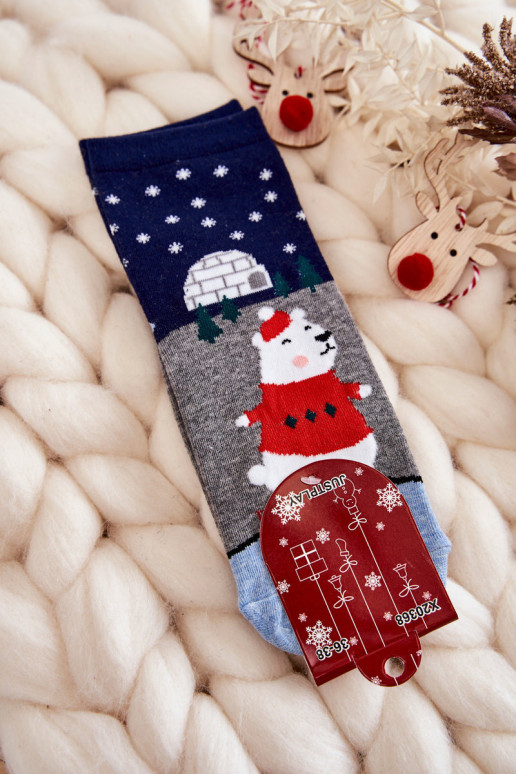 Women's Socks Christmas Patterns With Teddy Bear And Igloo Grey-Navy