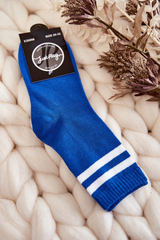 Youth Cotton Sports Socks With Stripes Blue