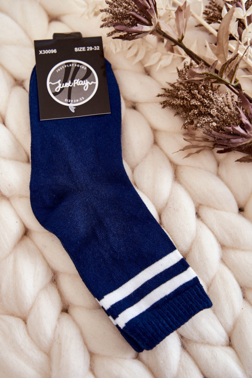 Youth Cotton Sports Socks With Stripes Navy Blue