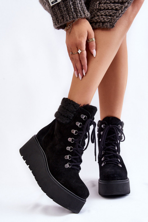 Women's Suede Wedge Boots Black Meniko