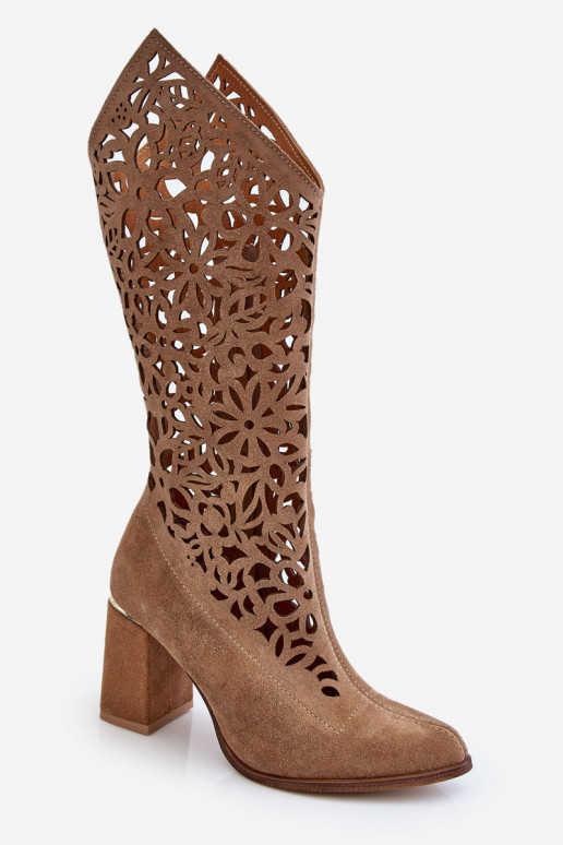 Zazoo 3234 Suede Openwork Boots Dark Beige