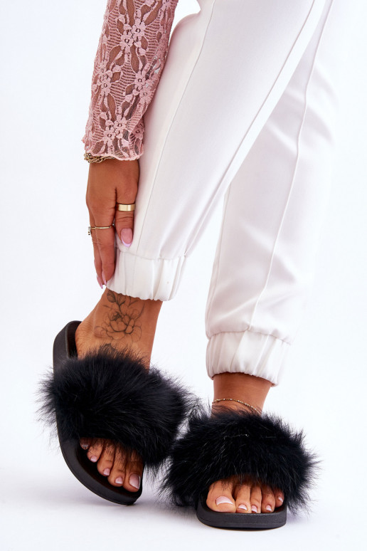 Women's Rubber Slippers With Fur Black Lucrece