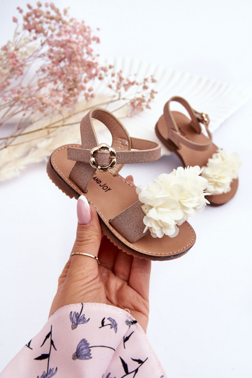 Fashionable Children's Sandals With Flowers Beige-gold Poly