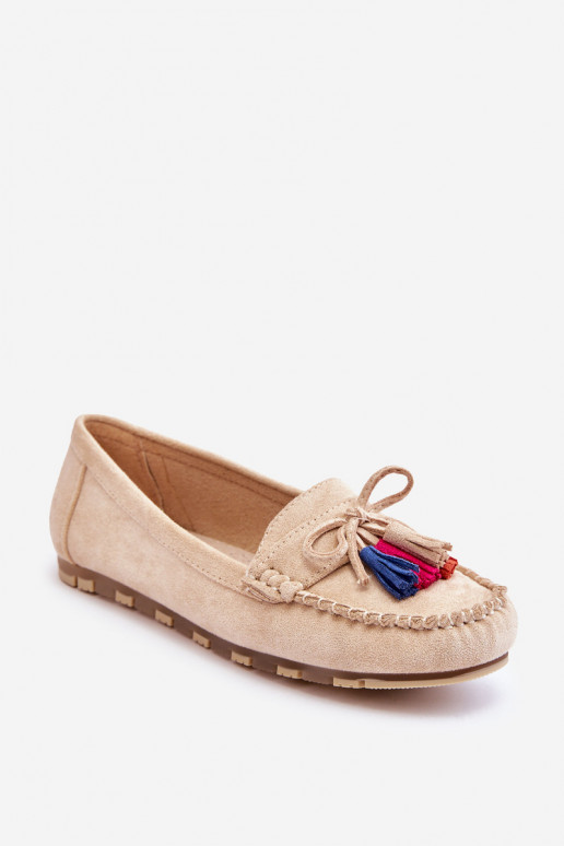 Suede Loafers With Bow And Fringes Beige Dorine