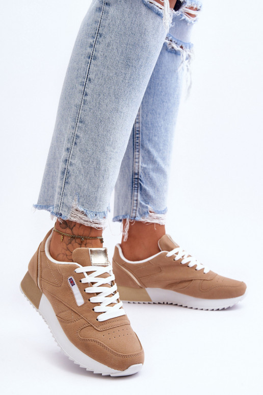 Leather Lace Up Platform Sports Shoes Beige Merida