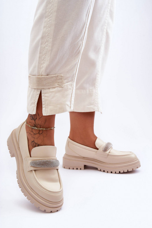 Ornamented Leather Moccasins Beige Aricka