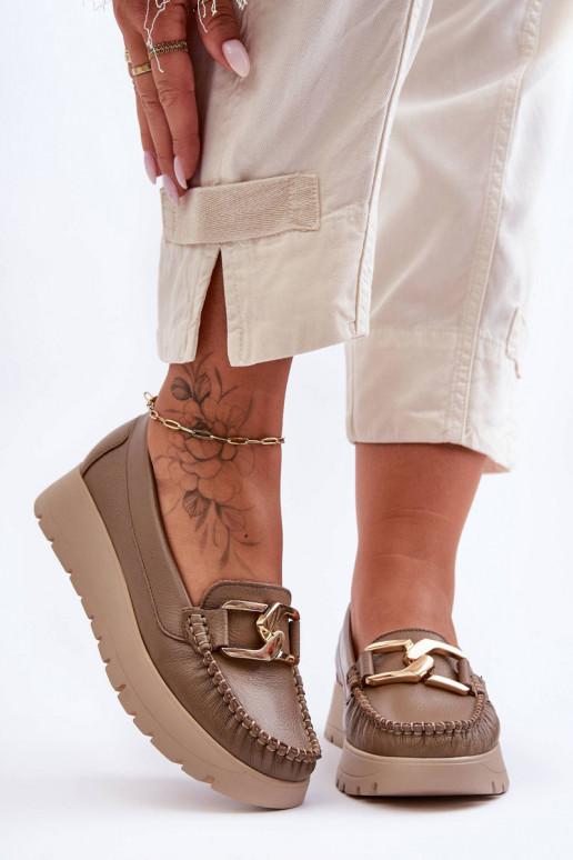 Leather Platform Moccasins with Decoration Dark Beige Desmond