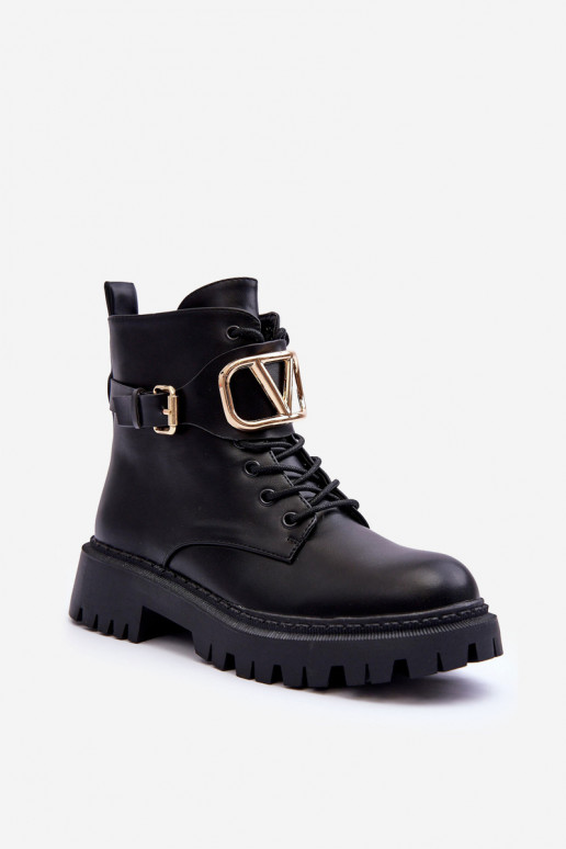 Stylish Lace-up Boots with Ornament Black Ollia