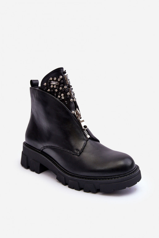 Low Embellished Leather Boots With Zipper Black Escika