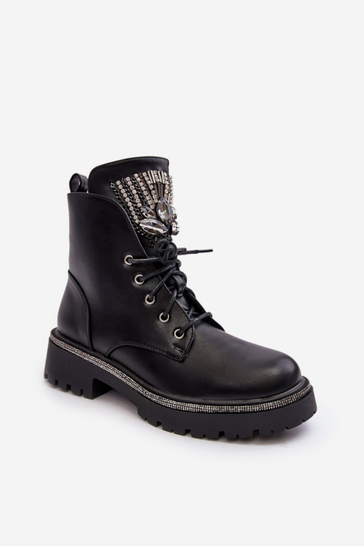 Low Boots Worker With Jewelry Decoration Black Melenope