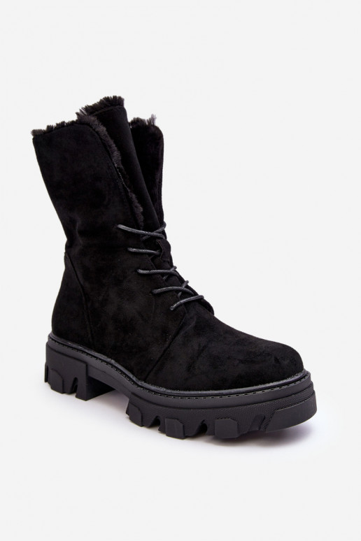 Suede Lace-Up Boots with Faux Fur Workery Black Frendo