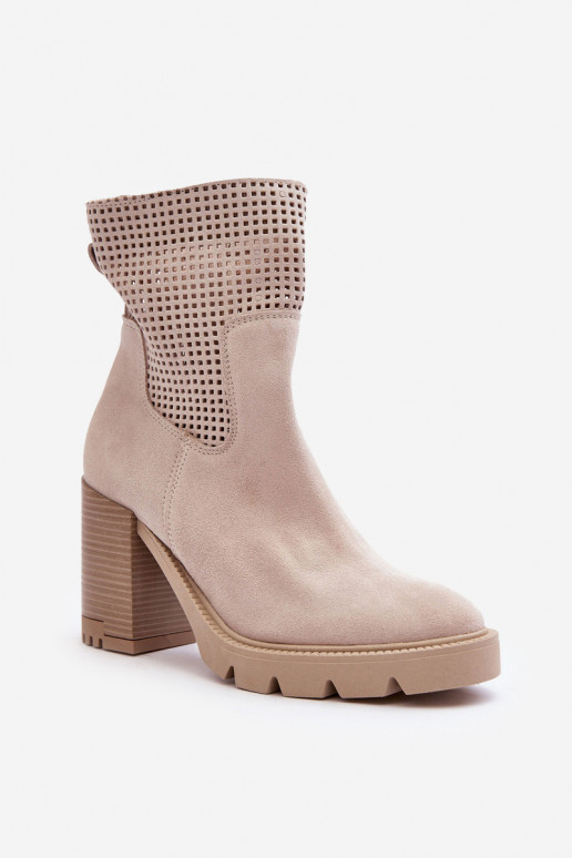 Women's Suede Aperture Ankle Boots On Heel Light Beige Lewski 3386