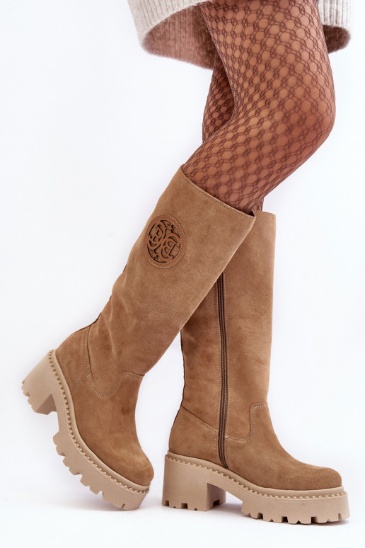 Women's Suede Boots Over the Knee Beige Lewski 3367