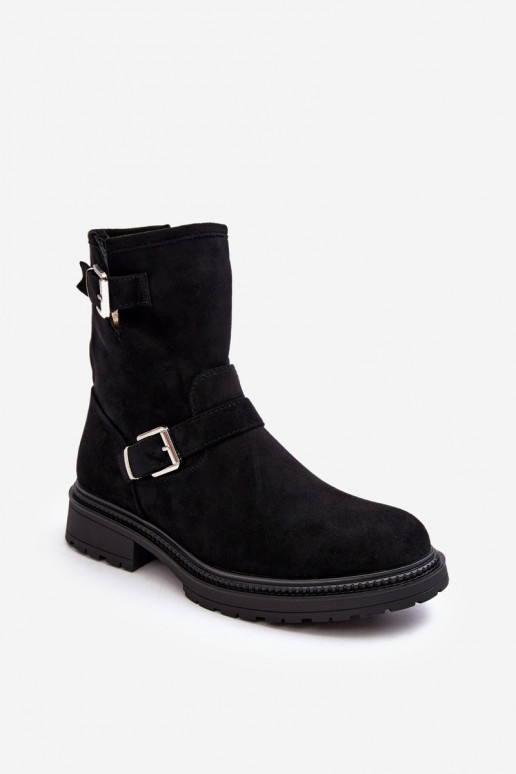 Women's Flat Heel Boots with Buckles Black Bliggore