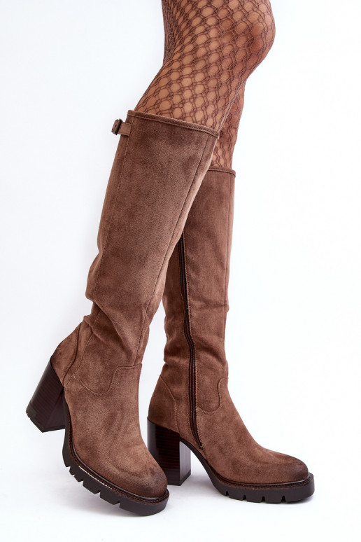 Women's Chunky Heel Boots with Padded Dark Beige Alzeta