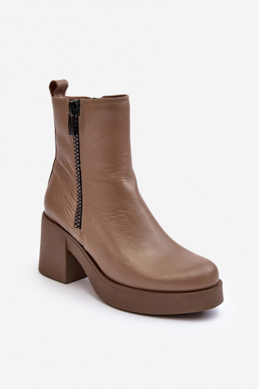 Leather Boots with Massive Heel and Zippers Dark Beige Lemar Littosa