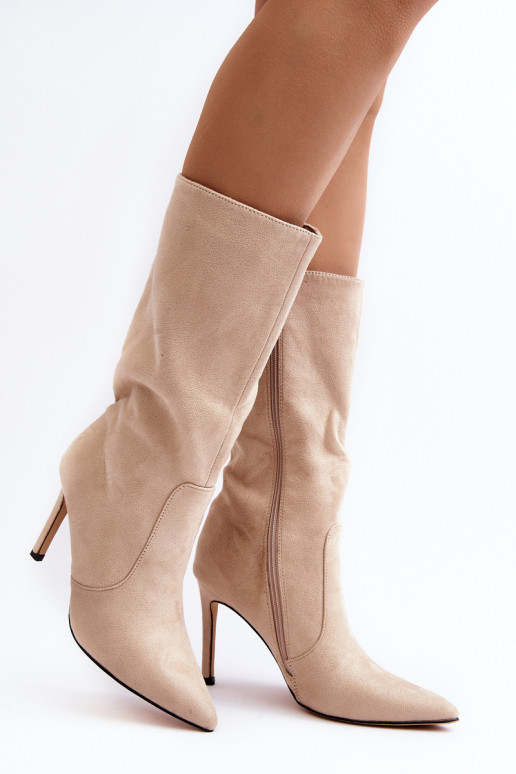 Women's Half-Calf Boots on Stiletto Beige Odetteia