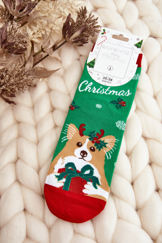 Christmas socks with puppies in green color